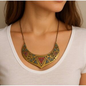 Boho Tribal Statement Bib Necklace Hammered Brass Gold Tone Geometric Pink Blue
